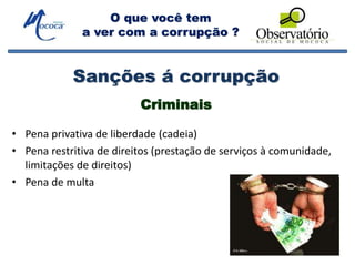 O que você tem
a ver com a corrupção ?
Sanções á corrupção
• Pena privativa de liberdade (cadeia)
• Pena restritiva de direitos (prestação de serviços à comunidade,
limitações de direitos)
• Pena de multa
Criminais
 