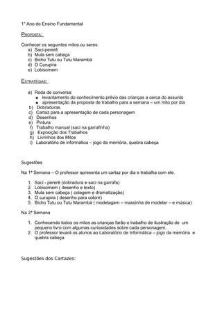 1° Ano do Ensino Fundamental
PROPOSTA:
Conhecer os seguintes mitos ou seres:
a) Saci-pererê
b) Mula sem cabeça
c) Bicho Tutu ou Tutu Marambá
d) O Curupira
e) Lobisomem
ESTRATÉGIAS:
a) Roda de conversa:
● levantamento do conhecimento prévio das crianças a cerca do assunto
● apresentação da proposta de trabalho para a semana – um mito por dia
b) Dobraduras
c) Cartaz para a apresentação de cada personagem
d) Desenhos
e) Pintura
f) Trabalho manual (saci na garrafinha)
g) Exposição dos Trabalhos
h) Livrinhos dos Mitos
i) Laboratório de informática – jogo da memória, quebra cabeça
Sugestões
Na 1ª Semana – O professor apresenta um cartaz por dia e trabalha com ele.
1. Saci - pererê (dobradura e saci na garrafa)
2. Lobisomem ( desenho e texto)
3. Mula sem cabeça ( colagem e dramatização)
4. O curupira ( desenho para colorir)
5. Bicho Tutu ou Tutu Marambá ( modelagem – massinha de modelar – e música)
Na 2ª Semana
1. Conhecendo todos os mitos as crianças farão o trabalho de ilustração de um
pequeno livro com algumas curiosidades sobre cada personagem.
2. O professor levará os alunos ao Laboratório de Informática – jogo da memória e
quebra cabeça
Sugestões dos Cartazes:
 
