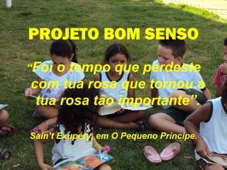 PROJETO BOM SENSO
“Foi o tempo que perdeste
com tua rosa que tornou a
tua rosa tão importante”.
Sain’t Exupéry, em O Pequeno Príncipe.
 
