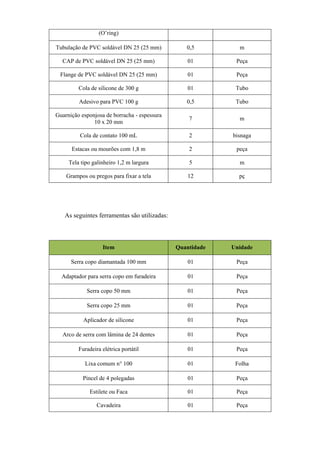 (O’ring)
Tubulação de PVC soldável DN 25 (25 mm)

0,5

m

CAP de PVC soldável DN 25 (25 mm)

01

Peça

Flange de PVC soldável DN 25 (25 mm)

01

Peça

Cola de silicone de 300 g

01

Tubo

Adesivo para PVC 100 g

0,5

Tubo

Guarnição esponjosa de borracha - espessura
10 x 20 mm

7

m

Cola de contato 100 mL

2

bisnaga

Estacas ou mourões com 1,8 m

2

peça

Tela tipo galinheiro 1,2 m largura

5

m

Grampos ou pregos para fixar a tela

12

pç

Item

Quantidade

Unidade

Serra copo diamantada 100 mm

01

Peça

Adaptador para serra copo em furadeira

01

Peça

Serra copo 50 mm

01

Peça

Serra copo 25 mm

01

Peça

Aplicador de silicone

01

Peça

Arco de serra com lâmina de 24 dentes

01

Peça

Furadeira elétrica portátil

01

Peça

Lixa comum n° 100

01

Folha

Pincel de 4 polegadas

01

Peça

Estilete ou Faca

01

Peça

Cavadeira

01

Peça

As seguintes ferramentas são utilizadas:

 