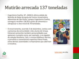 Mutirão arrecada 137 toneladas
• Engenheiro Coelho, SP…[ASN] A última edição do
  Mutirão de Natal da igreja do Centro Universitário
  Adventista de São Paulo, campus Engenheiro Coelho,
  conseguiu recolher 136.812 quilos de alimentos e
  ultrapassar o alvo inicial de 70 toneladas.

• O encerramento, ocorrido 3 de dezembro, contou com
  a presença da comunidade e dos alunos do Unasp.
  Estiveram presentes também personalidades que
  apoiaram o projeto como, por exemplo, o ex-jogador
  da seleção brasileira, Cafu, o músico Matheus Herriez,
  o jornalista e comentarista esportivo Flávio Prado,
  entre demais autoridades e empresários que aderiram
  à iniciativa.



                                                           Leia mais no site.
 
