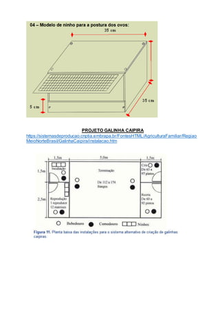PROJETO GALINHA CAIPIRA
https://sistemasdeproducao.cnptia.embrapa.br/FontesHTML/AgriculturaFamiliar/Regiao
MeioNorteBrasil/GalinhaCaipira/instalacao.htm
 
