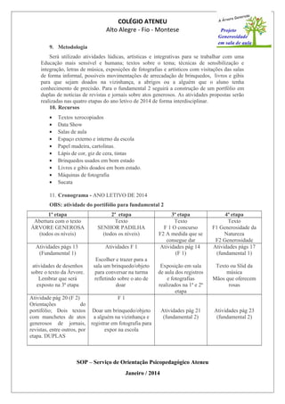 COLÉGIO ATENEU
Alto Alegre - Fio - Montese
9. Metodologia
Será utilizado atividades lúdicas, artísticas e integrativas para se trabalhar com uma
Educação mais sensível e humana; textos sobre o tema; técnicas de sensibilização e
integração, letras de música, exposições de fotografias e artísticos com visitações das salas
de forma informal, possíveis movimentações de arrecadação de brinquedos, livros e gibis
para que sejam doados na vizinhança, a abrigos ou a alguém que o aluno tenha
conhecimento de precisão. Para o fundamental 2 seguirá a construção de um portfólio em
duplas de notícias de revistas e jornais sobre atos generosos. As atividades propostas serão
realizadas nas quatro etapas do ano letivo de 2014 de forma interdisciplinar.
10. Recursos
• Textos xerocopiados
• Data Show
• Salas de aula
• Espaço externo e interno da escola
• Papel madeira, cartolinas.
• Lápis de cor, giz de cera, tintas
• Brinquedos usados em bom estado
• Livros e gibis doados em bom estado.
• Máquinas de fotografia
• Sucata
11. Cronograma - ANO LETIVO DE 2014
OBS: atividade do portifólio para fundamental 2
1ª etapa 2ª etapa 3ª etapa 4ª etapa
Abertura com o texto
ÁRVORE GENEROSA
(todos os níveis)
Texto
SENHOR PADILHA
(todos os níveis)
Texto
F 1 O concurso
F2 A medida que se
consegue dar
Texto
F1 Generosidade da
Natureza
F2 Generosidade
Atividades págs 13
(Fundamental 1)
atividades de desenhos
sobre o texto da Árvore.
Lembrar que será
exposto na 3ª etapa
Atividades F 1
Escolher e trazer para a
sala um brinquedo/objeto
para conversar na turma
refletindo sobre o ato de
doar
Atividades pág 14
(F 1)
Exposição em sala
de aula dos registros
e fotografias
realizados na 1ª e 2ª
etapa
Atividades págs 17
(fundamental 1)
Texto ou Slid da
música
Mãos que oferecem
rosas
Atividade pág 20 (F 2)
Orientações do
portifólio; Dois textos
com manchetes de atos
generosos de jornais,
revistas, entre outros, por
etapa. DUPLAS
F 1
Doar um brinquedo/objeto
a alguém na vizinhança e
registrar em fotografia para
expor na escola
Atividades pág 21
(fundamental 2)
Atividades pág 23
(fundamental 2)
SOP – Serviço de Orientação Psicopedagógico Ateneu
Janeiro / 2014
 
