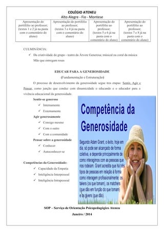 COLÉGIO ATENEU
Alto Alegre - Fio - Montese
Apresentação do
portifólio ao professor;
(textos 1 e 2 já na pasta
com o comentário do
aluno)
Apresentação do portifólio
ao professor;
(textos 3 e 4 já na pasta
com o comentário do
aluno)
Apresentação do
portifólio ao
professor;
(textos 5 e 6 já na
pasta com o
comentário do aluno)
Apresentação do
portifólio ao
professor;
(textos 7 e 8 já na
pasta com o
comentário do aluno)
CULMINÂNCIA:
 Da criatividade do grupo - teatro da Árvore Generosa; músical ou coral da música
Mão que entregam rosas
EDUCAR PARA A GENEROSIDADE
(Fundamentação e Estruturação)
O processo de desenvolvimento da generosidade segue tres etapas: Sentir, Agir e
Pensar, como junção que conduz com dinamicidade o educando e o educador para a
vivência educacional da generosidade.
Sentir-se generoso
 Internamente
 Externamente
Agir generosamente
 Consigo mesmo
 Com o outro
 Com a comunidade
Pensar sobre a generosidade
 Conhecer
 Autoconhecer-se
Competências da Generosidade:
 Capacidade da Empatia
 Inteligência Interpessoal
 Inteligência Intrapessoal
SOP – Serviço de Orientação Psicopedagógico Ateneu
Janeiro / 2014
 