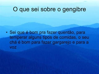 O que sei sobre o gengibre Sei que é bom pra fazer quentão, para temperar alguns tipos de comidas, o seu chá é bom para fazer gargarejo e para a voz 