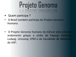Projeto Genoma
 Quem participa ?
• O Brasil também participa do Projeto Genoma
Humano.
• O Projeto Genoma Humano do Câncer este está em
andamento graças a união da Fapesp, Instituto
Ludwig, Unicamp, EPM e da Faculdade de Medicina
da USP;

 