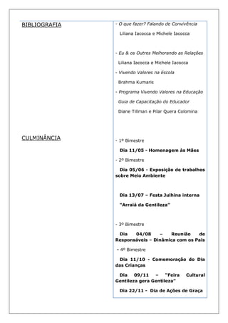 BIBLIOGRAFIA   - O que fazer? Falando de Convivência

                 Liliana Iacocca e Michele Iacocca



               - Eu & os Outros Melhorando as Relações

                Liliana Iacocca e Michele Iacocca

               - Vivendo Valores na Escola

                Brahma Kumaris

               - Programa Vivendo Valores na Educação

                Guia de Capacitação do Educador

                Diane Tillman e Pilar Quera Colomina




CULMINÂNCIA    - 1º Bimestre

                 Dia 11/05 - Homenagem às Mães

               - 2º Bimestre

                 Dia 05/06 - Exposição de trabalhos
               sobre Meio Ambiente



                Dia 13/07 – Festa Julhina interna

                “Arraiá da Gentileza”



               - 3º Bimestre

                Dia   04/08     –   Reunião    de
               Responsáveis – Dinâmica com os Pais

               - 4º Bimestre

                 Dia 11/10 - Comemoração do Dia
               das Crianças

                Dia    09/11   –    “Feira      Cultural
               Gentileza gera Gentileza”

                Dia 22/11 - Dia de Ações de Graça
 