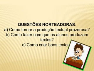 QUESTÕES NORTEADORAS:a) Como tornar a produção textual prazerosa?b) Como fazer com que os alunos produzam textos?c) Como criar bons textos?
