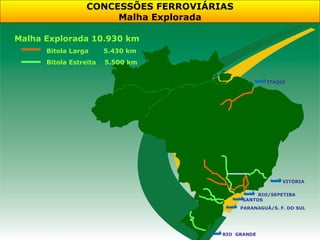 CONCESSÕES FERROVIÁRIAS
                       Malha Explorada

Malha Explorada 10.930 km
      Bitola Larga      5.430 km
      Bitola Estreita   5.500 km


                                                     ITAQUI




                                                          VITÓRIA

                                                 RIO/SEPETIBA
                                            SANTOS
                                            PARANAGUÁ/S. F. DO SUL




                                       RIO GRANDE
 