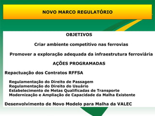 NOVO MARCO REGULATÓRIO




                          OBJETIVOS

            Criar ambiente competitivo nas ferrovias

 Promover a exploração adequada da infraestrutura ferroviária

                    AÇÕES PROGRAMADAS

Repactuação dos Contratos RFFSA

 Regulamentação do Direito de Passagem
 Regulamentação do Direito do Usuário
 Estabelecimento de Metas Qualificadas de Transporte
 Modernização e Ampliação de Capacidade da Malha Existente

Desenvolvimento de Novo Modelo para Malha da VALEC
 