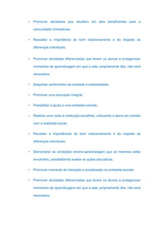 •   Promover atividades que resultem em atos beneficentes para a

    comunidade Vinhedense;


•   Ressaltar a importância do bom relacionamento e do respeito às

    diferenças individuais;


•   Promover atividades diferenciadas que levem os alunos a protagonizar

    momentos de aprendizagem em que a sala, propriamente dita, não será

    necessária.


•   Despertar sentimentos de caridade e solidariedade;


•   Promover uma educação integral;


•   Possibilitar a ajuda a uma entidade carente;


•   Realizar uma visita à instituição escolhida, colocando o aluno em contato

    com a realidade social;


•   Perceber a importâncias do bom relacionamento e do respeito às

    diferenças individuais;


•   Demonstrar as condições ensino-aprendizagem que os mesmos estão

    envolvidos, possibilitando avaliar as ações educativas;


•   Promover momento de interação e socialização no ambiente escolar;


•   Promover atividades diferenciadas que levem os alunos a protagonizar

    momentos de aprendizagem em que a sala, propriamente dita, não será

    necessária.
 