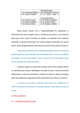 Pamella Borges
               1° D: Amanda e Beatriz    2°D: Alessandro e David
               2°A: Lucas e Kerollin     2° E: Deise Tomé e

                                         Lucas dos Santos
               2° B: Carol e Lucas       3° C: Débora e Marília
               3° A: Carol e Isabela     3° D: Lucas e Paula
               3° B: Sara e Carlos       3° E: Gustavo e Natali



          Esses alunos ficaram com a responsabilidade de repassarem a

informação para seus colegas sobre a existência da gincana e de decidirem

pelo grupo como seriam formadas as equipes. As decisões foram bastante

coerentes: A gincana acontecerá com quatro equipes constituídas por quatro

séries, sendo obrigatoriamente duas séries da manhã e duas séries do noturno.


          Cada equipe defenderá uma instituição especifica, para que ao final da

gincana saibamos qual instituição será contemplada com a visita e os matérias

arrecadada, de forma que desde o início o grupo já tem certa ligação social

com a instituição que está defendendo.


          A próxima etapa é a reunião dos mesmos alunos das reuniões anterior

e a definição das turmas e distribuição nas salas de aula a lista dos produtos

selecionados na gincana beneficente, contendo os prazos e datas de entrega,

alem dos professores responsáveis pela recolhimento dos mesmos ( anexo 2).


          A escolha das provas foi realizada pela equipe de professores em

ATPC e distribuída aos alunos em momento posterior mais próximo da data do

evento.


6. REGULAMENTO


6.1. CONSIDERAÇÕES INICIAIS
 