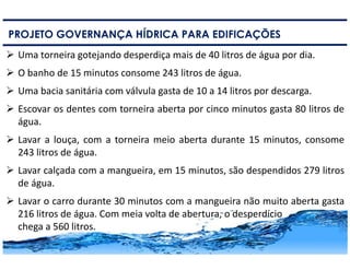 10
PROJETO GOVERNANÇA HÍDRICA PARA EDIFICAÇÕES
Uma torneira gotejando desperdiça mais de 40 litros de água por dia.
O banho de 15 minutos consome 243 litros de água.
Uma bacia sanitária com válvula gasta de 10 a 14 litros por descarga.
Escovar os dentes com torneira aberta por cinco minutos gasta 80 litros de
água.
Lavar a louça, com a torneira meio aberta durante 15 minutos, consome
243 litros de água.
Lavar calçada com a mangueira, em 15 minutos, são despendidos 279 litros
de água.
Lavar o carro durante 30 minutos com a mangueira não muito aberta gasta
216 litros de água. Com meia volta de abertura, o desperdício
chega a 560 litros.
 
