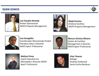 Mayb Ferreira
Diretora Facilities
WGPS Property Management
QUEM SOMOS
Luiz Claudio Almeida
Diretor Operacional
WGPS Property Management
Luis Evangelho
Coordenador Manutenção Predial
Petrobras Edise e Docente
WGPS Aperf. Profissional
Wallace Firmo
Coach Executivo em
Efetividade e Docente WGPS
Aperf. Profissional
Marcus Vinicius Oliveira
Gestor de Facilities
Management e Docente
WGPS Aperf. Profissional
Vitor Tavares
Biólogo
Analista Ambiental
Santa Cecília Resíduos
 