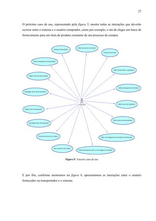 O próximo caso de uso, representado pela figura 5, mostra todas as interações que deverão
ocorrer entre o sistema e o usuário comprador, como por exemplo, o ato de eleger um lance de
fornecimento para um item de produto constante de um processo de compra.
Figura 5: Terceiro caso de uso
E por fim, conforme mostramos na figura 6, apresentamos as interações entre o usuário
fornecedor ou transportador e o sistema.
27
 