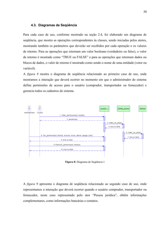 4.3. Diagramas de Seqüência
Para cada caso de uso, conforme mostrado na seção 2.4, foi elaborado um diagrama de
seqüência, que mostra as operações correspondentes às classes, sendo iniciadas pelos atores,
mostrando também os parâmetros que deverão ser recebidos por cada operação e os valores
de retorno. Para as operações que retornam um valor booleano (verdadeiro ou falso), o valor
de retorno é mostrado como “TRUE ou FALSE” e para as operações que retornam dados ou
blocos de dados, o valor de retorno é mostrado como sendo o nome de uma entidade (vetor ou
variável).
A figura 8 mostra o diagrama de seqüência relacionado ao primeiro caso de uso, onde
mostramos a interação que deverá ocorrer no momento em que o administrador do sistema
define permissões de acesso para o usuário (comprador, transportador ou fornecedor) e
gerencia todos os cadastros do sistema.
Figura 8: Diagrama de Seqüência 1
A figura 9 apresenta o diagrama de seqüência relacionado ao segundo caso de uso, onde
representamos a interação que deverá ocorrer quando o usuário comprador, transportador ou
fornecedor, neste caso representado pelo ator “Pessoa jurídica”, obtêm informações
complementares, como informações bancárias e contatos.
30
 