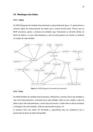 4.5. Modelagem dos Dados
4.5.1. Lógica
No DER (Diagrama de entidade-relacionamento), representado pela figura 13, apresentamos a
estrutura lógica de armazenamento dos dados que o sistema deverá tratar. Nota-se que no
DER mostramos apenas a estrutura de entidades (que futuramente se tornarão tabelas de
banco de dados) e os seus relacionamentos, e não nos preocupamos em mostrar os atributos
ou campos de cada entidade.
Figura 13: DER (Diagrama de entidade-relacionamento)
4.5.2. Física
No MER (Modelo de entidade-relacionamento), enfatizamos a estrutura física das entidades e
seus inter-relacionamentos, mostrando para cada entidade, todos os seus campos e tipos de
dados e para cada relacionamento, o nome físico do mesmo, e ainda todas as chaves primárias
e estrangeiras de cada entidade, conforme apresentado na figura 14.
A estrutura física dos dados foi formatada e especificada para ser compatível com o
gerenciador de banco de dados PostgreSQL.
35
 