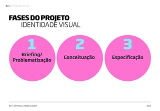 | IDENTIDADE VISUAL43
IED • SÃO PAULO | FABIO SILVEIRA 2019
Briefing/
Problematização
Conceituação Especificação
1 2 3
FASESDOPROJETO
IDENTIDADE VISUAL
 