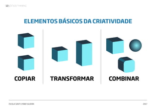 | DESIGN THINKING12
ESCOLA SANTI | FABIO SILVEIRA 2017
ELEMENTOS BÁSICOS DA CRIATIVIDADE
COPIAR TRANSFORMAR COMBINAR
 
