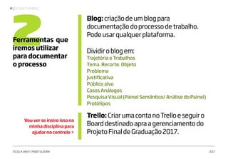 | DESIGN THINKING4
ESCOLA SANTI | FABIO SILVEIRA 2017
2Ferramentas que
iremos utilizar
para documentar
o processo
Vou ver se insiro isso na
minha disciplina para
ajudar no controle >
Blog:criaçãodeumblogpara
documentaçãodoprocessodetrabalho.
Podeusarqualquerplataforma.
Dividiroblogem:
TrajetóriaeTrabalhos
Tema.Recorte.Objeto
Problema
Justificativa
Públicoalvo
CasosAnálogos
PesquisaVisual(PainelSemântico/AnálisedoPainel)
Protótipos
Trello:CriarumacontanoTrelloeseguiro
Boarddestinadoapraagerenciamentodo
ProjetoFinaldeGraduação2017.
 