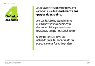 | DESIGN THINKING6
ESCOLA SANTI | FABIO SILVEIRA 2017
4Dinâmica
das aulas
Asaulasnestesemestrepossuem
característicadeatendimento aos
grupos de trabalho.
Aorganizaçãonoatendimento
auxiliabastanteoandamento
dasaulas. Principalmenteem
relaçãoaotemponoatendimento
Otempodeauladeveser
utilizadoparadarandamentona
pesquisaenasfasesdoprojeto.
 
