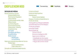 | PROJETO GRÁFICO V11
IED • SÃO PAULO | FABIO SILVEIRA 2017
DEFLEXORIED
DESIGN DE MÍDIA
NovasDinâmicasSociais
	Empreendedorismo
	 MovimentosPopulares
	 CulturaRemix
	 CustomizaçãodeAltoValor
	 MídiasSociais
	 EconomiaPopular
	 (GrassrootEconomy)
	 Colaboração/Sharing
	Crowdsourcing
	 CoCriação
	 EstratégiasdeMarca
	Crowdfunding
	 RedesSociais
		Mobilização
		VirtualDating
AppsparasoluçãodeproblemasSociais
	 MobileApps
		CanaisColaborativos
		 (Uber,Wazeetc.)
GeraçãodeConteúdoIndependente
UniversoInfantil
EstilodeVidaEsportivo
Edutainment
	 NovosCanaisDigitais
ParquesTemáticosExperiênciano
PontodeVenda
TransparênciaeResponsabilidade
SocialInfraestruturaTecnológica
ProteçãodeDados
InovaçãoCidadã
Necessidadede
	 AcessoCultural
	 BusinessIntelligence(BI)
	 AppsContraViolência
	 +QualidadedeInformação
	 +RelacionamentosInterpessoais
	 +RegrasdeConvívioSocial
Ferramentas Realidade Desejos
 