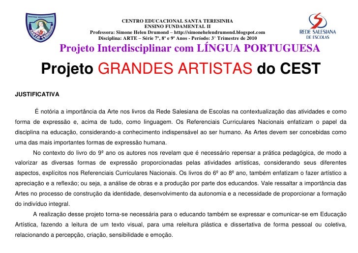 Projeto Grandes Artistas 7º 8º E 9º Ano Cest