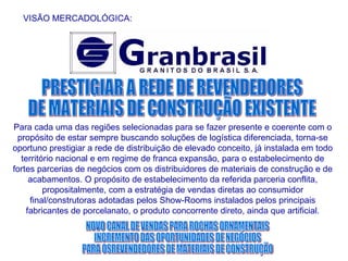 Para cada uma das regiões selecionadas para se fazer presente e coerente com o propósito de estar sempre buscando soluções de logística diferenciada, torna-se oportuno prestigiar a rede de distribuição de elevado conceito, já instalada em todo território nacional e em regime de franca expansão, para o estabelecimento de fortes parcerias de negócios com os distribuidores de materiais de construção e de acabamentos. O propósito de estabelecimento da referida parceria conflita, propositalmente, com a estratégia de vendas diretas ao consumidor final/construtoras adotadas pelos Show-Rooms instalados pelos principais fabricantes de porcelanato, o produto concorrente direto, ainda que artificial. VISÃO MERCADOLÓGICA: PRESTIGIAR A REDE DE REVENDEDORES DE MATERIAIS DE CONSTRUÇÃO EXISTENTE NOVO CANAL DE VENDAS PARA ROCHAS ORNAMENTAIS INCREMENTO DAS OPORTUNIDADES DE NEGÓCIOS  PARA OSREVENDEDORES DE MATERIAIS DE CONSTRUÇÃO 