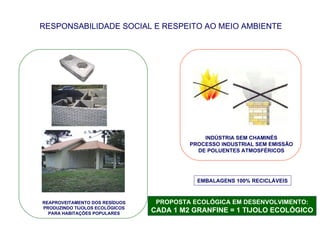 RESPONSABILIDADE SOCIAL E RESPEITO AO MEIO AMBIENTE REAPROVEITAMENTO DOS RESÍDUOS PRODUZINDO TIJOLOS ECOLÓGICOS PARA HABITAÇÕES POPULARES INDÚSTRIA SEM CHAMINÉS PROCESSO INDUSTRIAL SEM EMISSÃO DE POLUENTES ATMOSFÉRICOS PROPOSTA ECOLÓGICA EM DESENVOLVIMENTO: CADA 1 M2 GRANFINE = 1 TIJOLO ECOLÓGICO EMBALAGENS 100% RECICLÁVEIS 