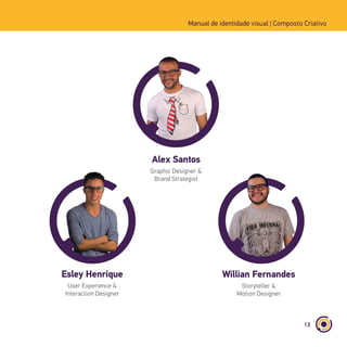 13
Alex Santos
Esley Henrique Willian Fernandes
Manual de identidade visual | Composto Criativo
Graphic Designer &
Brand Strategist
User Experience &
Interaction Designer
Storyteller &
Motion Designer
 