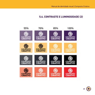 45
5.4. CONTRASTE E LUMINOSIDADE (2)
Manual de identidade visual | Composto Criativo
40% 55% 70% 85% 100%
 