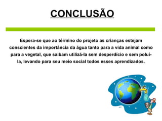 CONCLUSÃO Espera-se que ao término do projeto as crianças estejam conscientes da importância da água tanto para a vida animal como para a vegetal, que saibam utilizá-la sem desperdício e sem poluí-la, levando para seu meio social todos esses aprendizados. 