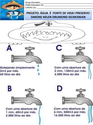 Grupo Escoteiro ______________________________________________
Chefe Educador (a): ___________________________________________
Lobinho (a): __________________________________________________

PROJETO: ÁGUA É FONTE DE VIDA! PRESERVE!
SIMONE HELEN DRUMOND ISCHKANIAN

 