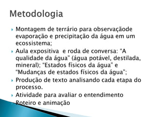  Montagem de terrário para observaçãode
evaporação e precipitação da água em um
ecossistema;
 Aula expositiva e roda de conversa: “A
qualidade da água” (água potável, destilada,
mineral); “Estados físicos da água” e
“Mudanças de estados físicos da água”;
 Produção de texto analisando cada etapa do
processo.
 Atividade para avaliar o entendimento
 Roteiro e animação
 