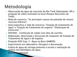  Observação da água da nascente do Rio Tietê (Salesópolis-SP) e
projeção de vídeo realizado no local (Parque Nascentes do
Tietê);
 Roda de conversa: “As principais causas da poluição de nossos
recursos hídricos”;
 Aula expositiva e roda de conversa: “Estação de tratamento de
água” e “Estação de tratamento de esgotos” “Elaboração de
entrevista”, “
 OFICINA - Confecção de sabão com óleo de cozinha
 Elaboração, observação e discussão de maquetes de Estação de
Tratamento de água e de esgotos.
 Projeção DVD Cap. 2- Água na Boca (SABESP);
 Experimento em laboratório: filtragem e decantação;
 Coleta de água de córrego próximo à escola e realização de
análise microbiológica da água.
 Roteiro e animação
 
