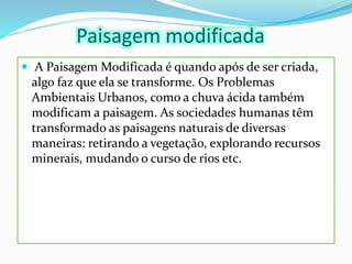 Paisagem modificada
 A Paisagem Modificada é quando após de ser criada,
algo faz que ela se transforme. Os Problemas
Ambientais Urbanos, como a chuva ácida também
modificam a paisagem. As sociedades humanas têm
transformado as paisagens naturais de diversas
maneiras: retirando a vegetação, explorando recursos
minerais, mudando o curso de rios etc.
 