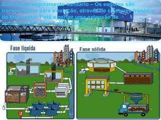 Sistema de esgotamento sanitário – Os esgotos são
transportados para a estação, através de coletores tronco e
do Interceptor Tietê e perfaz uma extensão de
aproximadamente 85 quilômetros
 