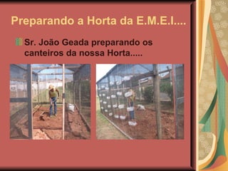 Preparando a Horta da E.M.E.I....
  Sr. João Geada preparando os
  canteiros da nossa Horta.....
 