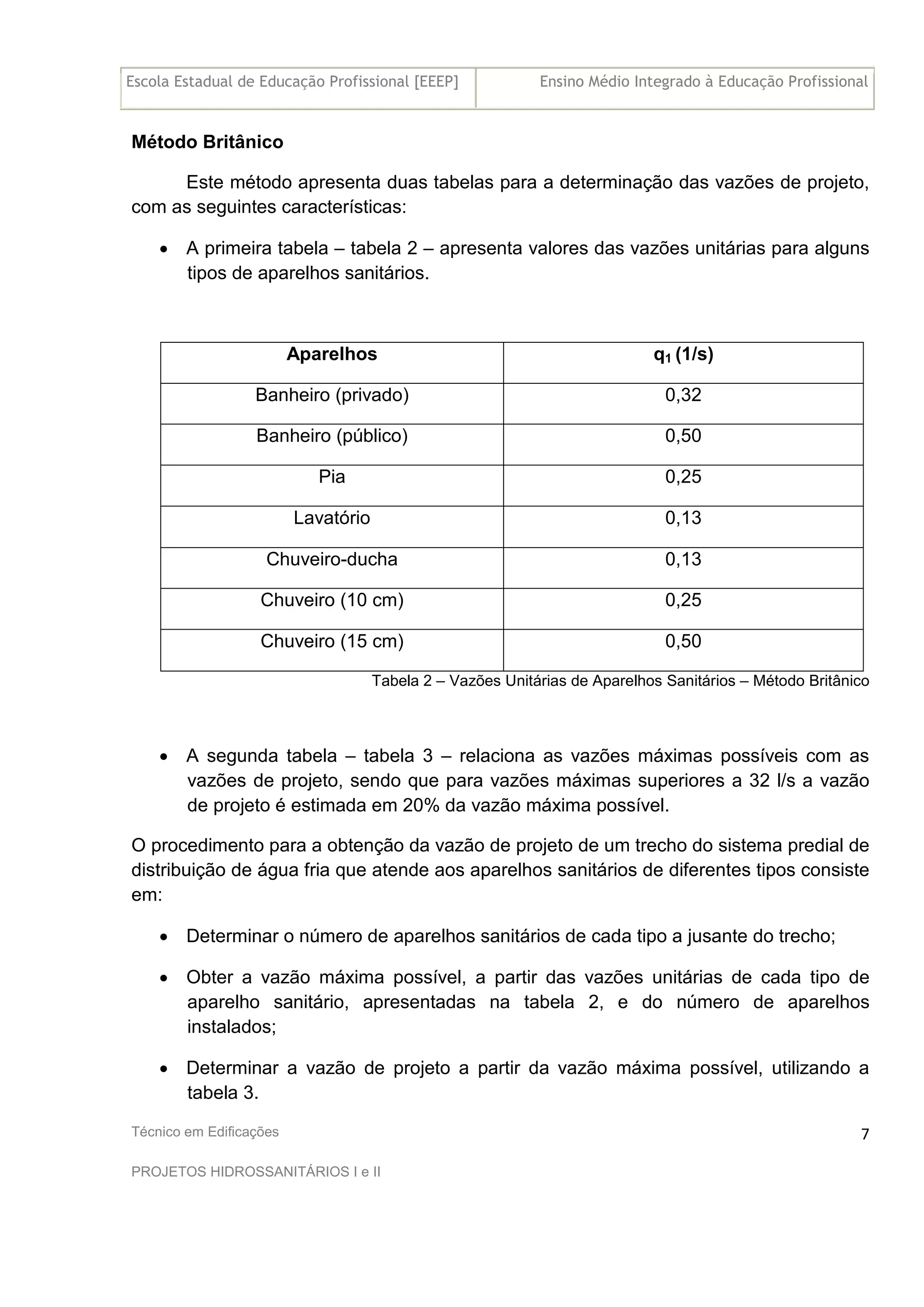 Escola Estadual de Educação Profissional [EEEP] Ensino Médio Integrado à Educação Profissional
Técnico em Edificações
PROJETOS HIDROSSANITÁRIOS I e II
7
Método Britânico
Este método apresenta duas tabelas para a determinação das vazões de projeto,
com as seguintes características:
• A primeira tabela – tabela 2 – apresenta valores das vazões unitárias para alguns
tipos de aparelhos sanitários.
Aparelhos q1 (1/s)
Banheiro (privado) 0,32
Banheiro (público) 0,50
Pia 0,25
Lavatório 0,13
Chuveiro-ducha 0,13
Chuveiro (10 cm) 0,25
Chuveiro (15 cm) 0,50
Tabela 2 – Vazões Unitárias de Aparelhos Sanitários – Método Britânico
• A segunda tabela – tabela 3 – relaciona as vazões máximas possíveis com as
vazões de projeto, sendo que para vazões máximas superiores a 32 l/s a vazão
de projeto é estimada em 20% da vazão máxima possível.
O procedimento para a obtenção da vazão de projeto de um trecho do sistema predial de
distribuição de água fria que atende aos aparelhos sanitários de diferentes tipos consiste
em:
• Determinar o número de aparelhos sanitários de cada tipo a jusante do trecho;
• Obter a vazão máxima possível, a partir das vazões unitárias de cada tipo de
aparelho sanitário, apresentadas na tabela 2, e do número de aparelhos
instalados;
• Determinar a vazão de projeto a partir da vazão máxima possível, utilizando a
tabela 3.
 