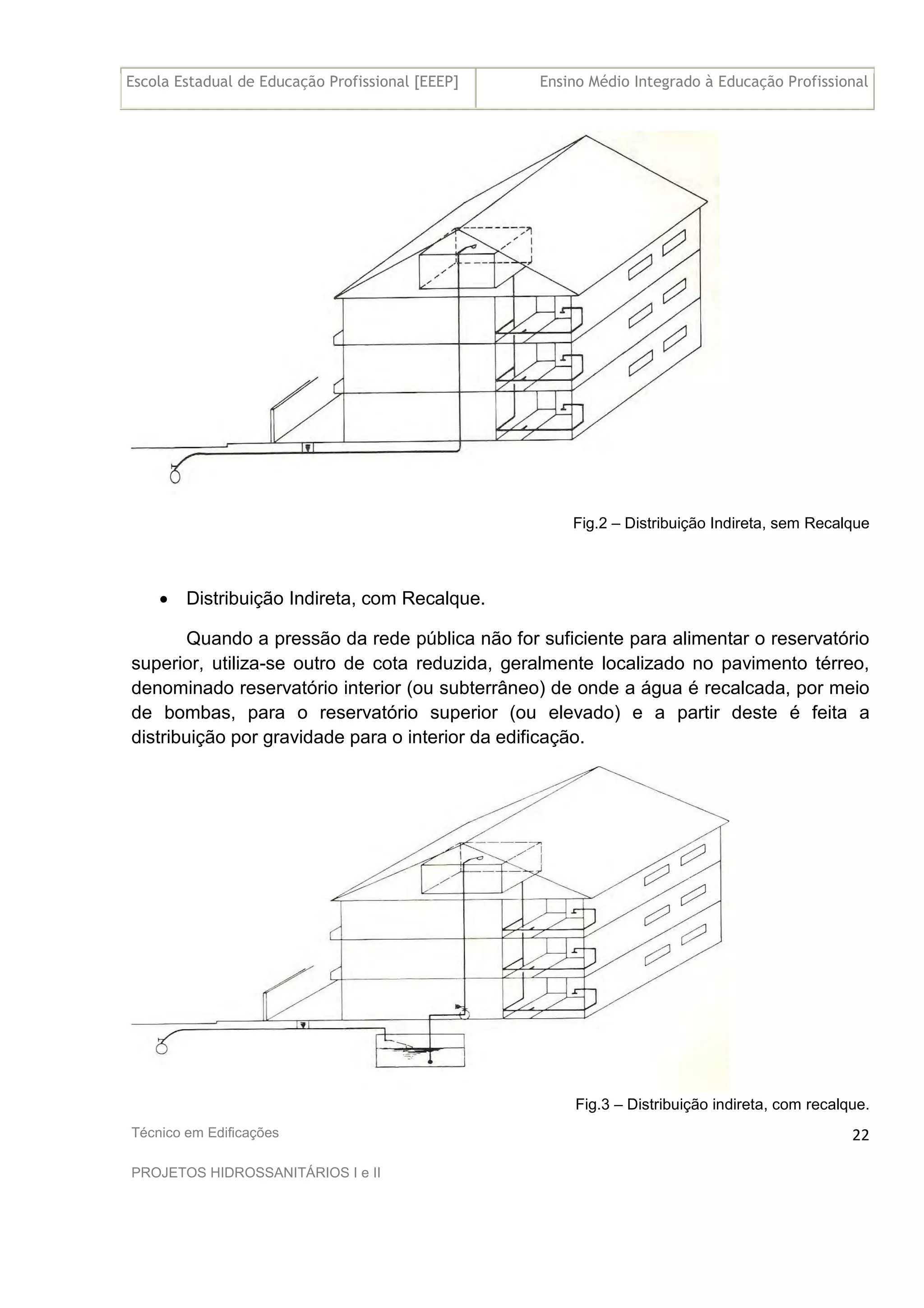 Escola Estadual de Educação Profissional [EEEP] Ensino Médio Integrado à Educação Profissional
Técnico em Edificações
PROJETOS HIDROSSANITÁRIOS I e II
22
Fig.2 – Distribuição Indireta, sem Recalque
• Distribuição Indireta, com Recalque.
Quando a pressão da rede pública não for suficiente para alimentar o reservatório
superior, utiliza-se outro de cota reduzida, geralmente localizado no pavimento térreo,
denominado reservatório interior (ou subterrâneo) de onde a água é recalcada, por meio
de bombas, para o reservatório superior (ou elevado) e a partir deste é feita a
distribuição por gravidade para o interior da edificação.
Fig.3 – Distribuição indireta, com recalque.
 