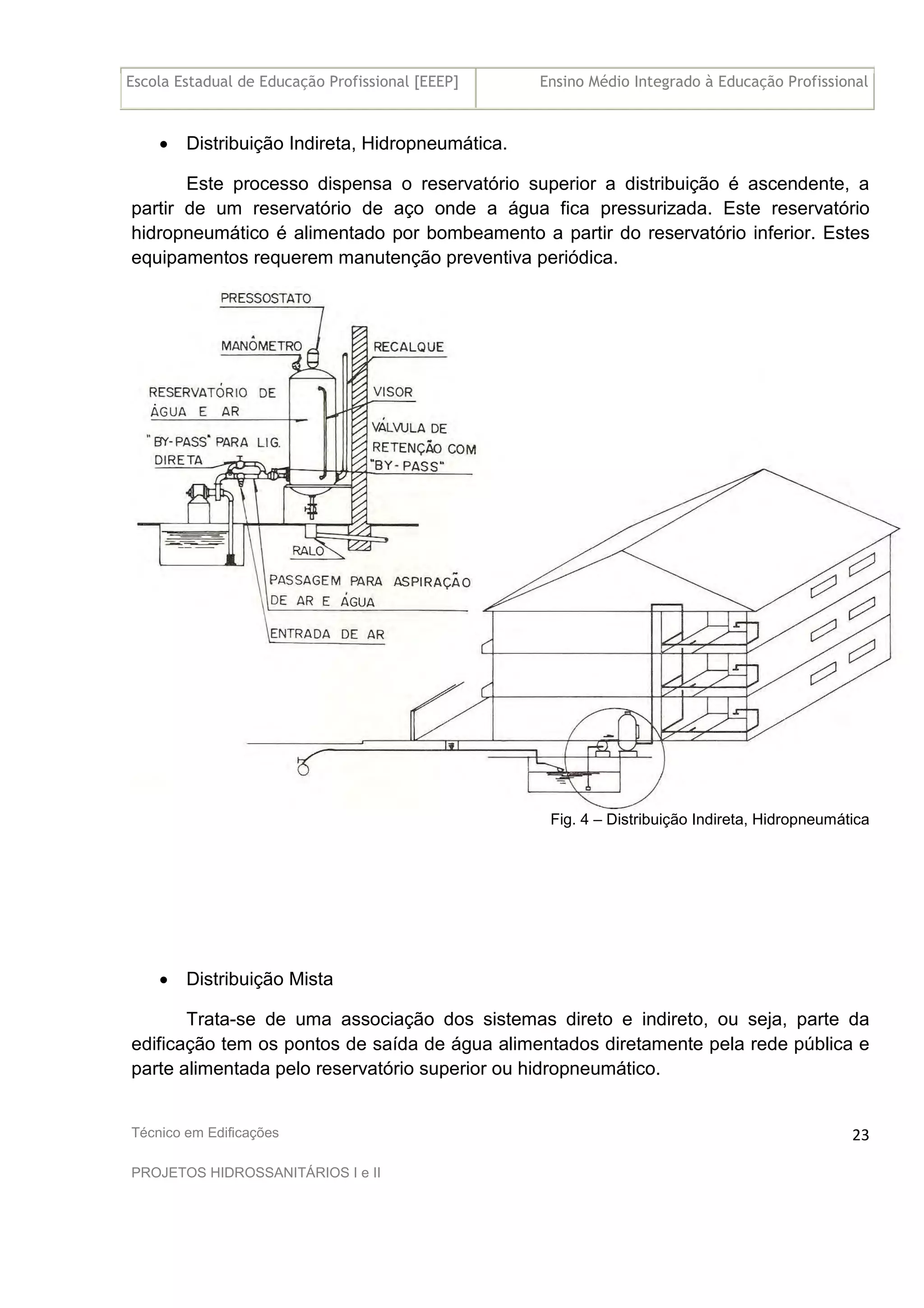 Escola Estadual de Educação Profissional [EEEP] Ensino Médio Integrado à Educação Profissional
Técnico em Edificações
PROJETOS HIDROSSANITÁRIOS I e II
23
• Distribuição Indireta, Hidropneumática.
Este processo dispensa o reservatório superior a distribuição é ascendente, a
partir de um reservatório de aço onde a água fica pressurizada. Este reservatório
hidropneumático é alimentado por bombeamento a partir do reservatório inferior. Estes
equipamentos requerem manutenção preventiva periódica.
Fig. 4 – Distribuição Indireta, Hidropneumática
• Distribuição Mista
Trata-se de uma associação dos sistemas direto e indireto, ou seja, parte da
edificação tem os pontos de saída de água alimentados diretamente pela rede pública e
parte alimentada pelo reservatório superior ou hidropneumático.
 