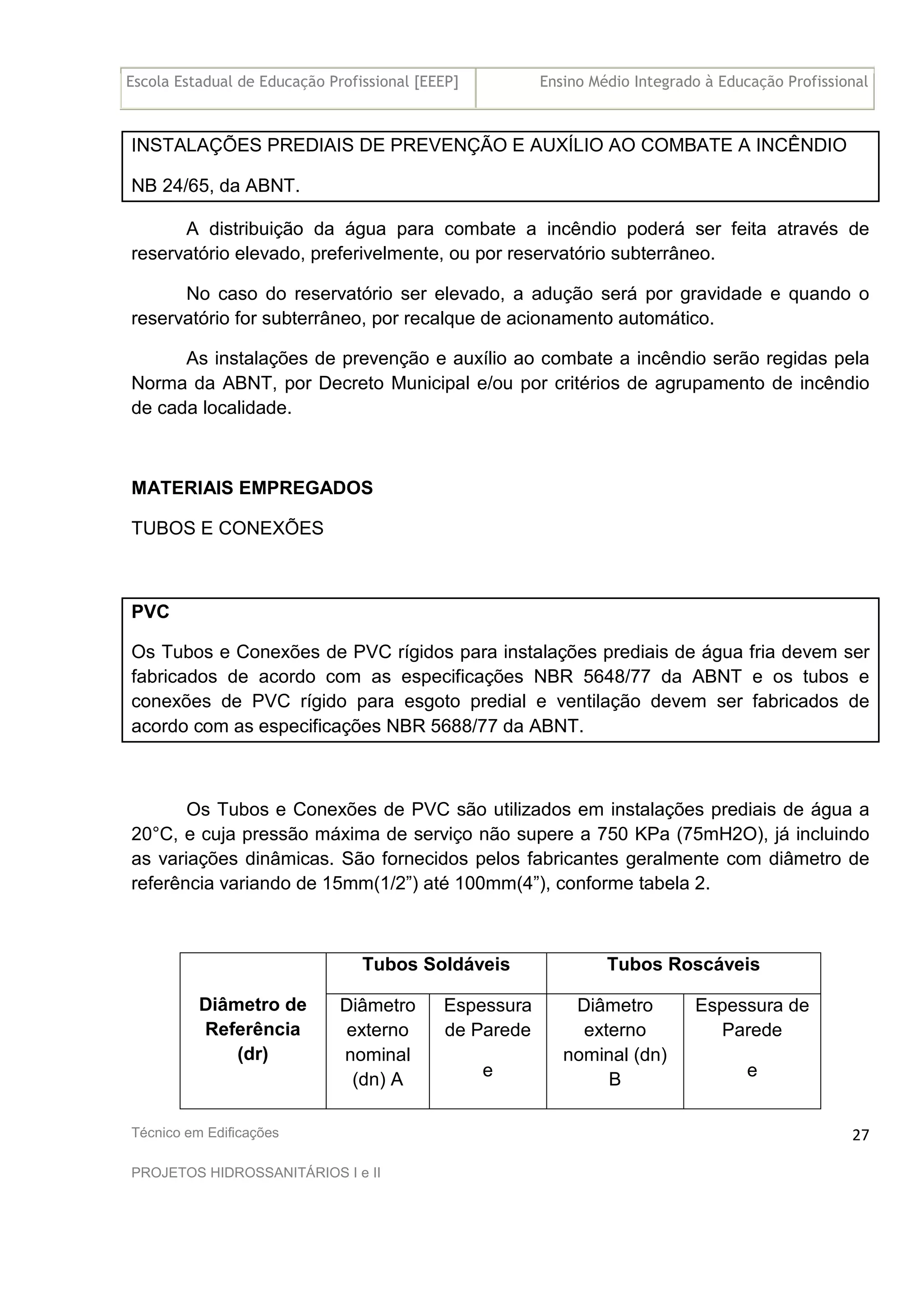 Escola Estadual de Educação Profissional [EEEP] Ensino Médio Integrado à Educação Profissional
Técnico em Edificações
PROJETOS HIDROSSANITÁRIOS I e II
27
INSTALAÇÕES PREDIAIS DE PREVENÇÃO E AUXÍLIO AO COMBATE A INCÊNDIO
NB 24/65, da ABNT.
A distribuição da água para combate a incêndio poderá ser feita através de
reservatório elevado, preferivelmente, ou por reservatório subterrâneo.
No caso do reservatório ser elevado, a adução será por gravidade e quando o
reservatório for subterrâneo, por recalque de acionamento automático.
As instalações de prevenção e auxílio ao combate a incêndio serão regidas pela
Norma da ABNT, por Decreto Municipal e/ou por critérios de agrupamento de incêndio
de cada localidade.
MATERIAIS EMPREGADOS
TUBOS E CONEXÕES
PVC
Os Tubos e Conexões de PVC rígidos para instalações prediais de água fria devem ser
fabricados de acordo com as especificações NBR 5648/77 da ABNT e os tubos e
conexões de PVC rígido para esgoto predial e ventilação devem ser fabricados de
acordo com as especificações NBR 5688/77 da ABNT.
Os Tubos e Conexões de PVC são utilizados em instalações prediais de água a
20°C, e cuja pressão máxima de serviço não supere a 750 KPa (75mH2O), já incluindo
as variações dinâmicas. São fornecidos pelos fabricantes geralmente com diâmetro de
referência variando de 15mm(1/2”) até 100mm(4”), conforme tabela 2.
Tubos Soldáveis Tubos Roscáveis
Diâmetro de
Referência
(dr)
Diâmetro
externo
nominal
(dn) A
Espessura
de Parede
e
Diâmetro
externo
nominal (dn)
B
Espessura de
Parede
e
 
