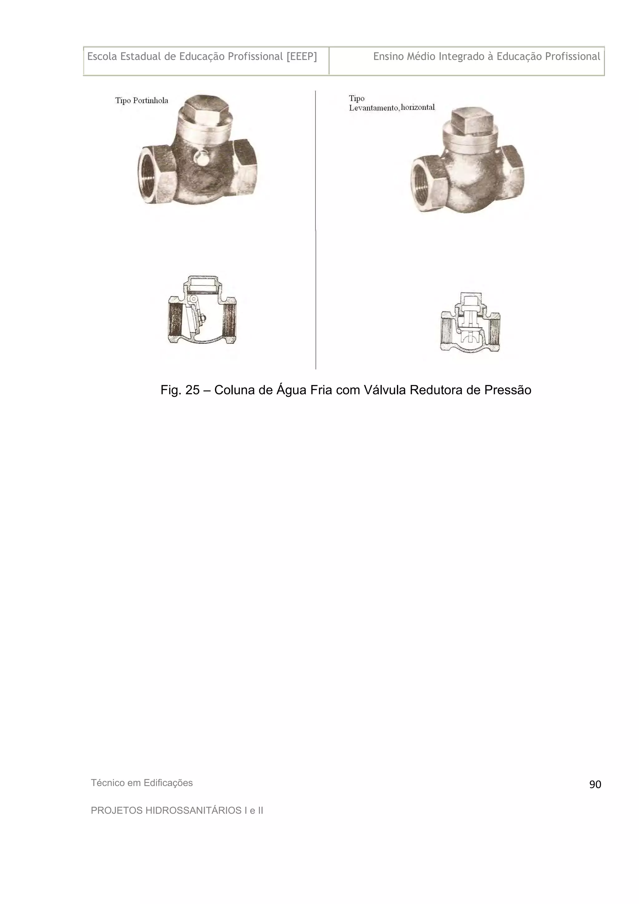 Escola Estadual de Educação Profissional [EEEP] Ensino Médio Integrado à Educação Profissional
Técnico em Edificações
PROJETOS HIDROSSANITÁRIOS I e II
90
Fig. 25 – Coluna de Água Fria com Válvula Redutora de Pressão
 