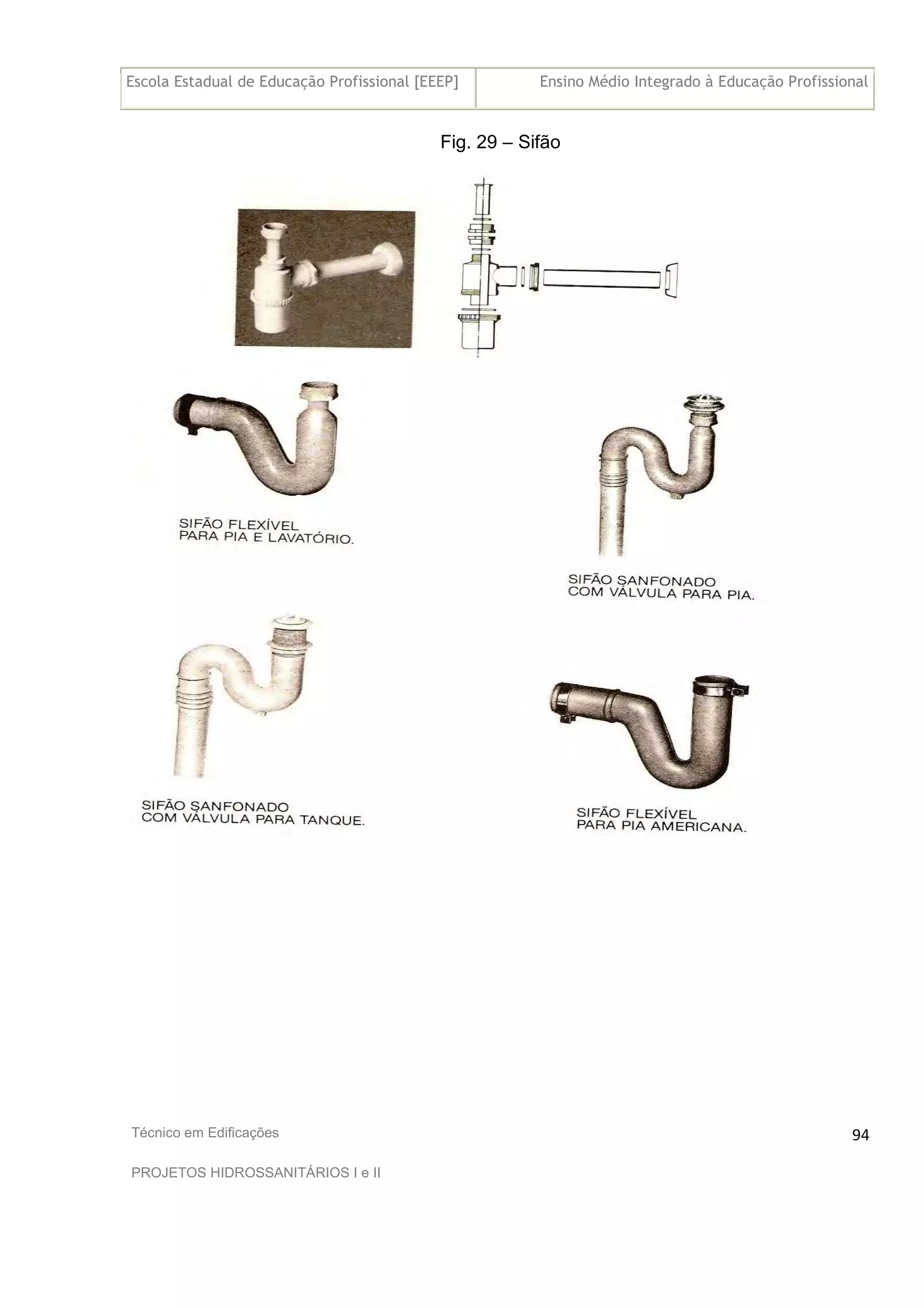Escola Estadual de Educação Profissional [EEEP] Ensino Médio Integrado à Educação Profissional
Técnico em Edificações
PROJETOS HIDROSSANITÁRIOS I e II
94
Fig. 29 – Sifão
 