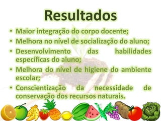 Resultados
• Maior integração do corpo docente;
• Melhora no nível de socialização do aluno;
• Desenvolvimento       das      habilidades
  específicas do aluno;
• Melhora do nível de higiene do ambiente
  escolar;
• Conscientização da necessidade de
  conservação dos recursos naturais.
 