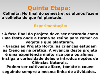 Quinta Etapa:  Colheita: No final do semestre, os alunos fazem a colheita do que foi plantado. Experimentação: A fase final do projeto deve ser encarada como uma festa onde a turma se reúne para comer os vegetais que plantaram. Graças ao Projeto Horta, as crianças estudam as Ciências na prática. A vivência deste projeto é uma experiência muito rica para os alunos, instiga a curiosidade deles e introduz noções de Ciências Naturais. Podem ser cultivada alface, tomate e couve seguindo sempre a mesma linha de atividades.   