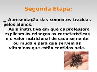 Segunda Etapa: _ Apresentação das sementes trazidas pelos alunos. _ Aula instrutiva em que os professora explicam às crianças as características e o valor nutricional de cada semente ou muda e para que servem as vitaminas que estão contidas nele. 