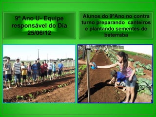 9º Ano U- Equipe     Alunos do 9ºAno no contra
                     turno preparando canteiros
responsável do Dia     e plantando sementes de
     25/06/12                  beterraba
 