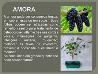 A amora pode ser consumida fresca,
em sobremesas ou em sucos . Suas
folhas podem ser utilizadas como
remédio caseiro para tratamento de
osteoporose, inflamações nas cordas
vocais, inflamações de garganta,
infecções urinária, rouquidão,
melhorar as taxas de colesterol,
prevenir a obesidade e estimular a
memória.
Se consumida em grande quantidade
pode causar diarreia.
 