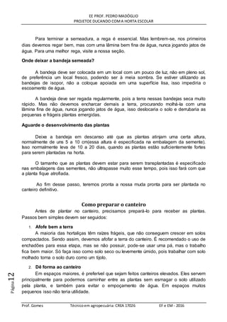 EE PROF. PEDRO MADÓGLIO
PROJETOE DUCANDO COMA HORTA ESCOLAR
Prof. Gomes Técnicoem agropecuária: CREA 17026 EF e EM - 2016
Página12
Para terminar a semeadura, a rega é essencial. Mas lembrem-se, nos primeiros
dias devemos regar bem, mas com uma lâmina bem fina de água, nunca jogando jatos de
água. Para uma melhor rega, visite a nossa seção.
Onde deixar a bandeja semeada?
A bandeja deve ser colocada em um local com um pouco de luz, não em pleno sol,
de preferência um local fresco, podendo ser à meia sombra. Se estiver utilizando as
bandejas de isopor, não a coloque apoiada em uma superfície lisa, isso impediria o
escoamento de água.
A bandeja deve ser regada regularmente, pois a terra nessas bandejas seca muito
rápido. Mas não devemos encharcar demais a terra, procurando molhá-la com uma
lâmina fina de água, nunca jogando jatos de água, isso deslocaria o solo e derrubaria as
pequenas e frágeis plantas emergidas.
Aguarde o desenvolvimento das plantas
Deixe a bandeja em descanso até que as plantas atinjam uma certa altura,
normalmente de uns 5 a 10 cm(essa altura é especificada na embalagem da semente).
Isso normalmente leva de 10 a 20 dias, quando as plantas estão suficientemente fortes
para serem plantadas na horta.
O tamanho que as plantas devem estar para serem transplantadas é especificado
nas embalagens das sementes, não ultrapasse muito esse tempo, pois isso fará com que
a planta fique atrofiada.
Ao fim desse passo, teremos pronta a nossa muda pronta para ser plantada no
canteiro definitivo.
Como preparar o canteiro
Antes de plantar no canteiro, precisamos prepará-lo para receber as plantas.
Passos bem simples devem ser seguidos:
1. Afofe bem a terra
A maioria das hortaliças têm raízes frágeis, que não conseguem crescer em solos
compactados. Sendo assim, devemos afofar a terra do canteiro. É recomendado o uso de
enchadões para essa etapa, mas se não possuir, pode-se usar uma pá, mas o trabalho
fica bem maior. Só faça isso como solo seco ou levemente úmido, pois trabalhar com solo
molhado torna o solo duro como um tijolo.
2. Dê forma ao canteiro
Em espaços maiores, é preferível que sejam feitos canteiros elevados. Eles servem
principalmente para podermos caminhar entre as plantas sem esmagar o solo utilizado
pela planta, e também para evitar o empoçamento de água. Em espaços muitos
pequenos isso não teria utilidade.
 